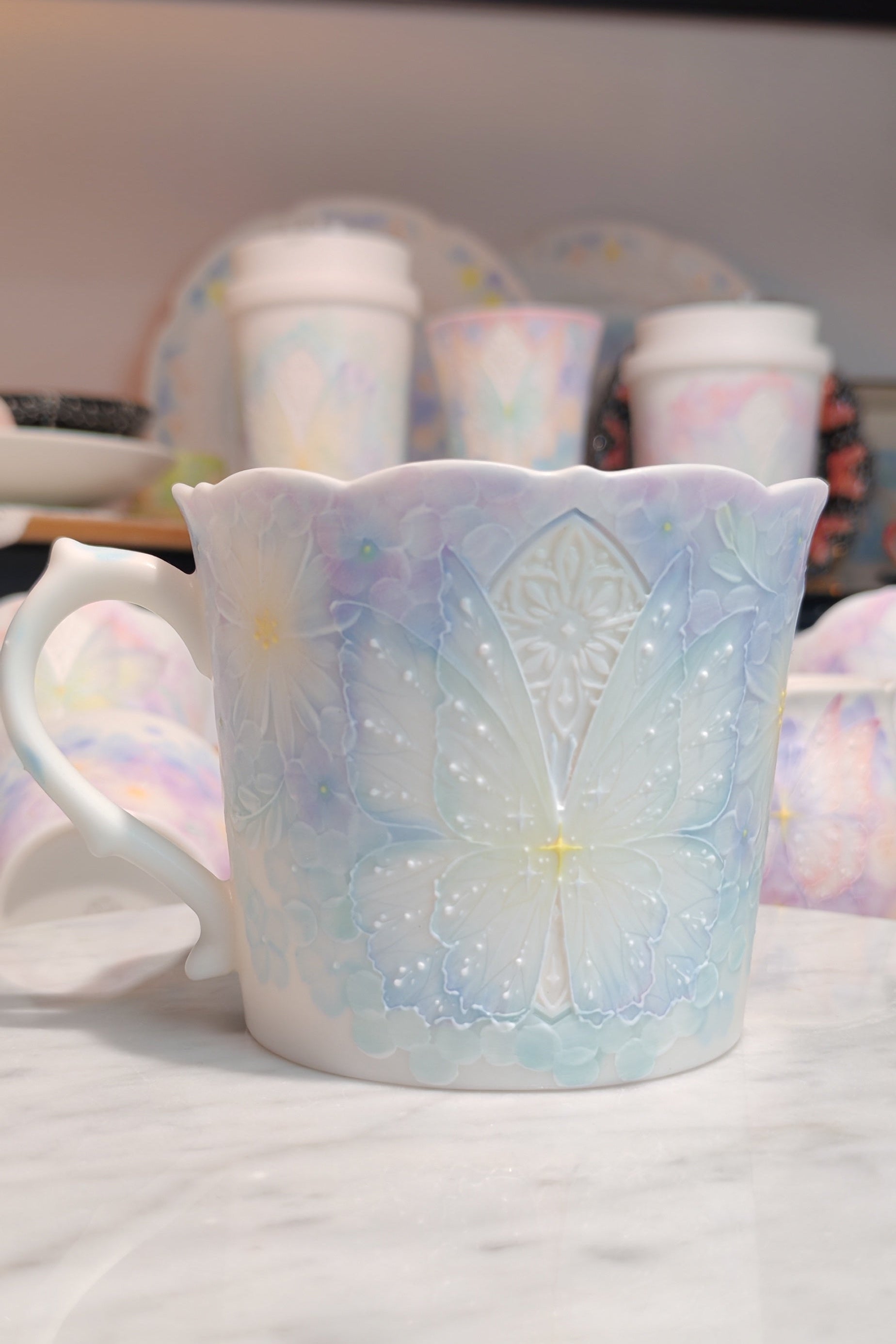 Dreamy Butterfly & Floral Series Hand-Painted Porcelain Mug (Blue)