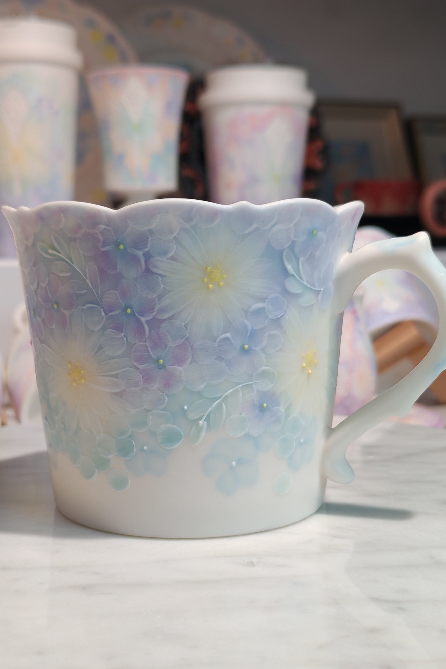 Dreamy Butterfly & Floral Series Hand-Painted Porcelain Mug (Blue)