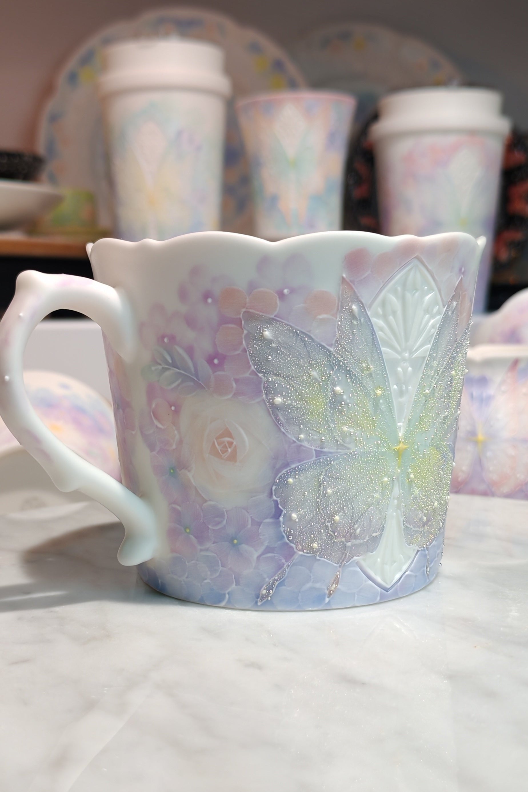 Dreamy Butterfly & Floral Series Hand-painted Porcelain Mug (Purple)