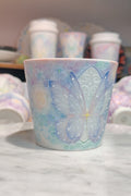 Dreamy Butterfly & Floral Hand-Painted Porcelain Handleless Teacup (Blue–Purple)