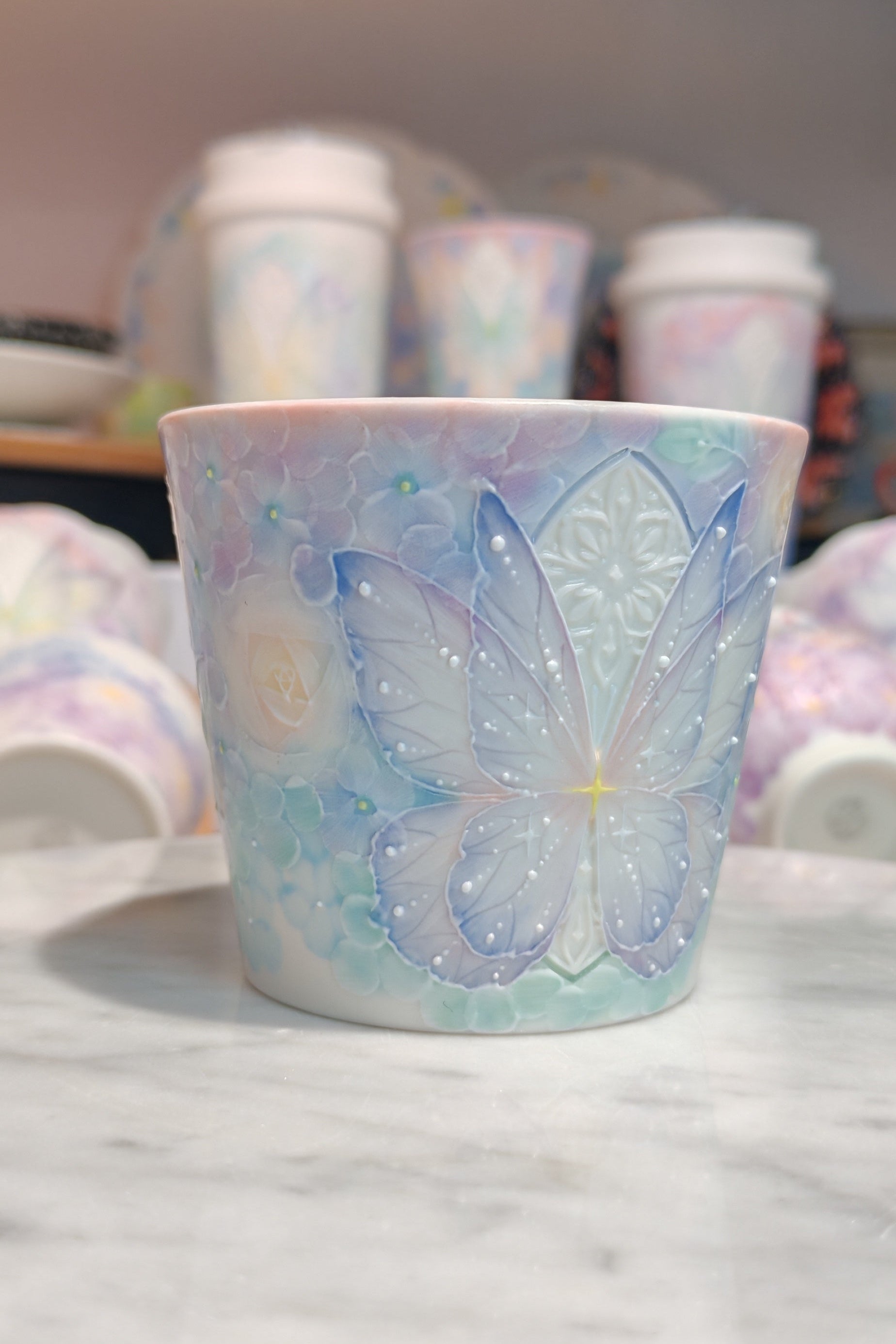 Dreamy Butterfly & Floral Hand-Painted Porcelain Handleless Teacup (Blue–Purple)