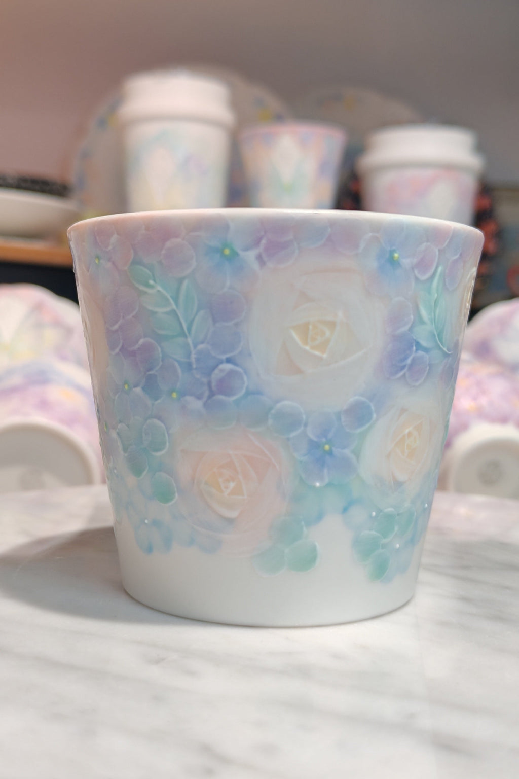 Dreamy Butterfly & Floral Hand-Painted Porcelain Handleless Teacup (Blue–Purple)