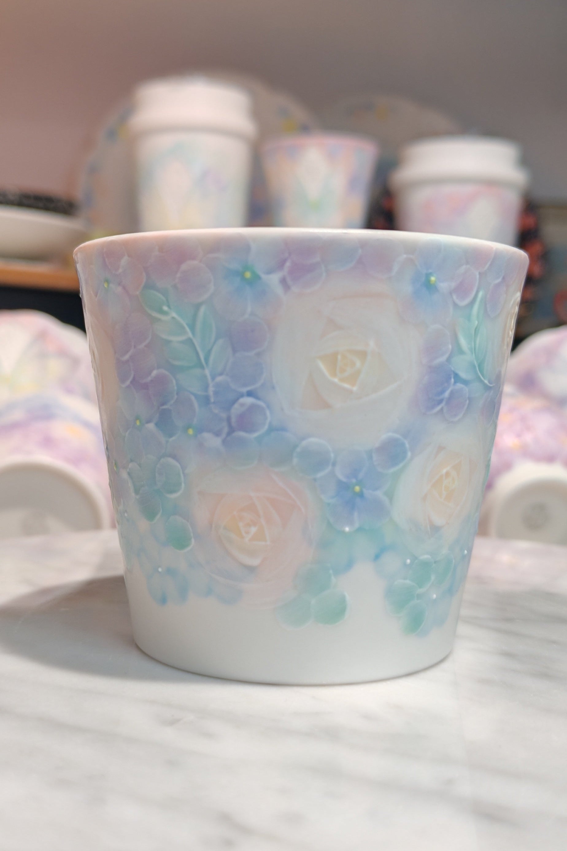 Dreamy Butterfly & Floral Hand-Painted Porcelain Handleless Teacup (Blue–Purple)