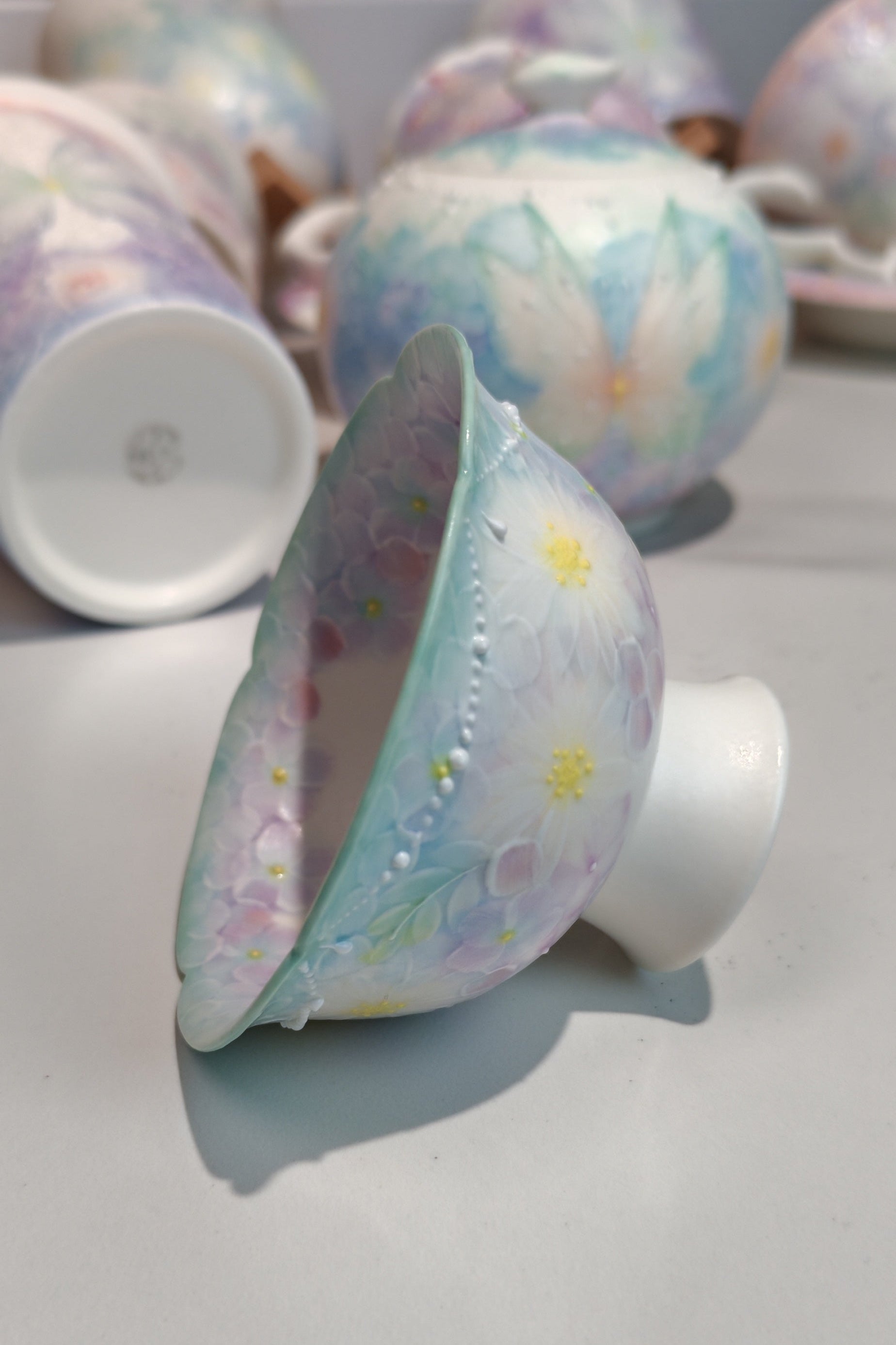 Dreamy Butterfly & Floral Series Hand-Painted Porcelain Teacup — Blue