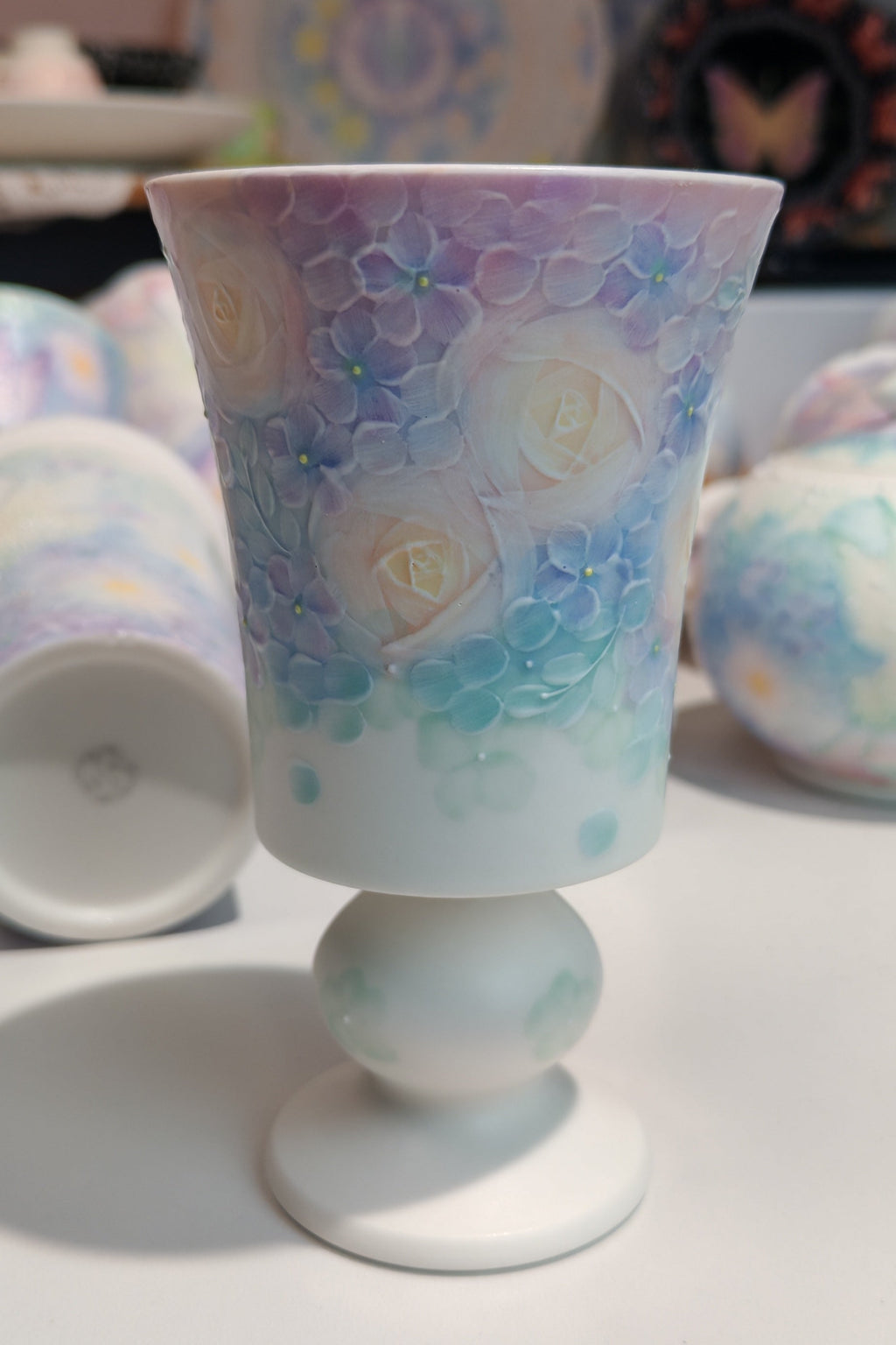Dreamy Butterfly & Floral Series Hand-Painted Porcelain Stem Cup