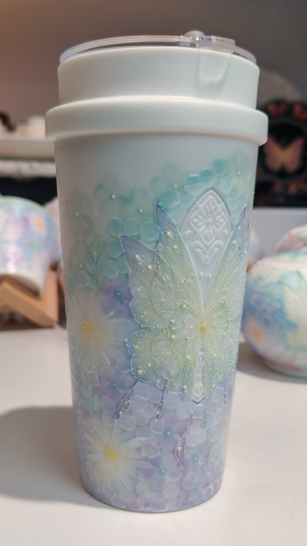 Dreamy Butterfly & Floral Hand-Painted Porcelain Travel Cup (Blue)