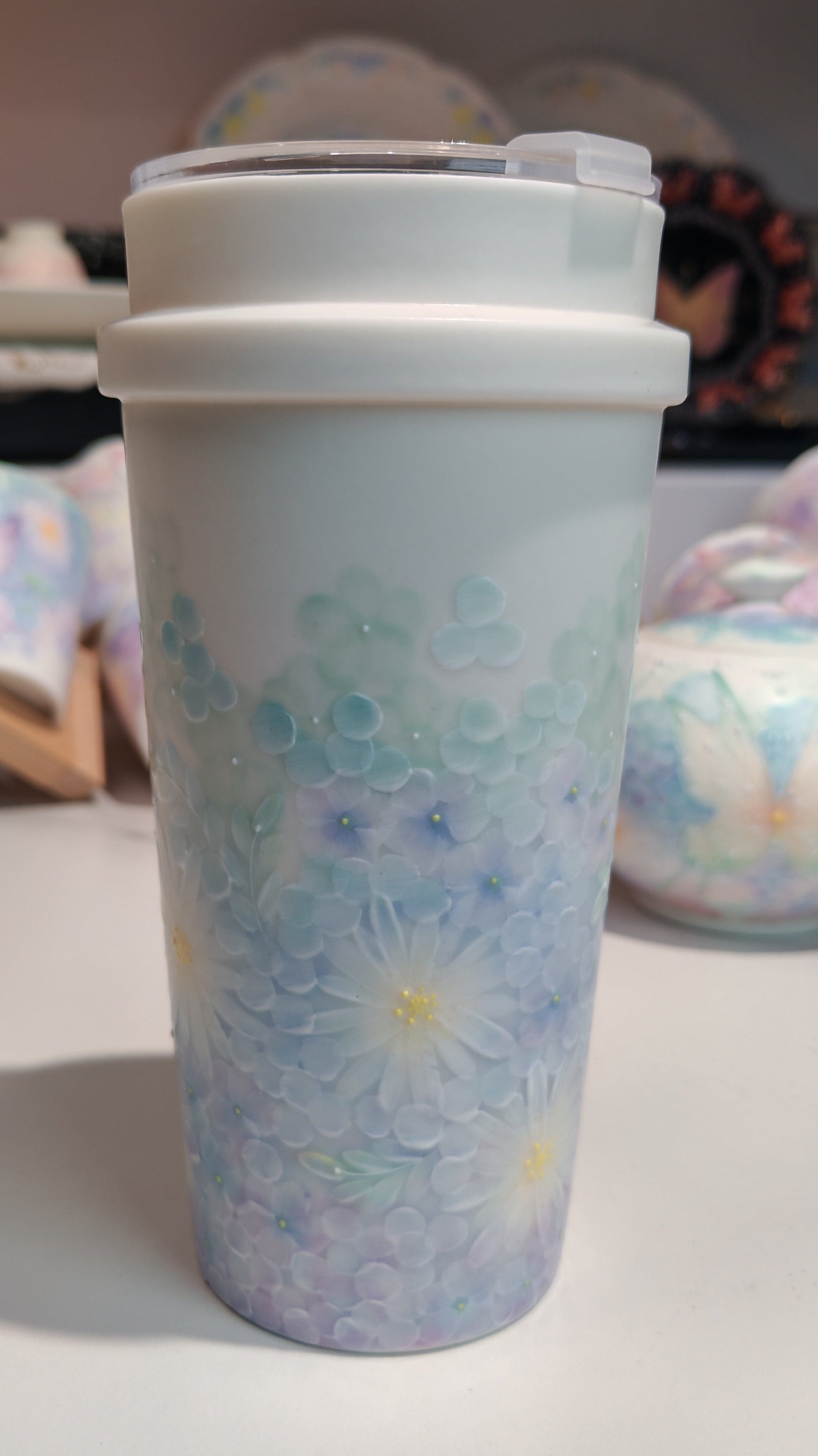 Dreamy Butterfly & Floral Hand-Painted Porcelain Travel Cup (Blue)