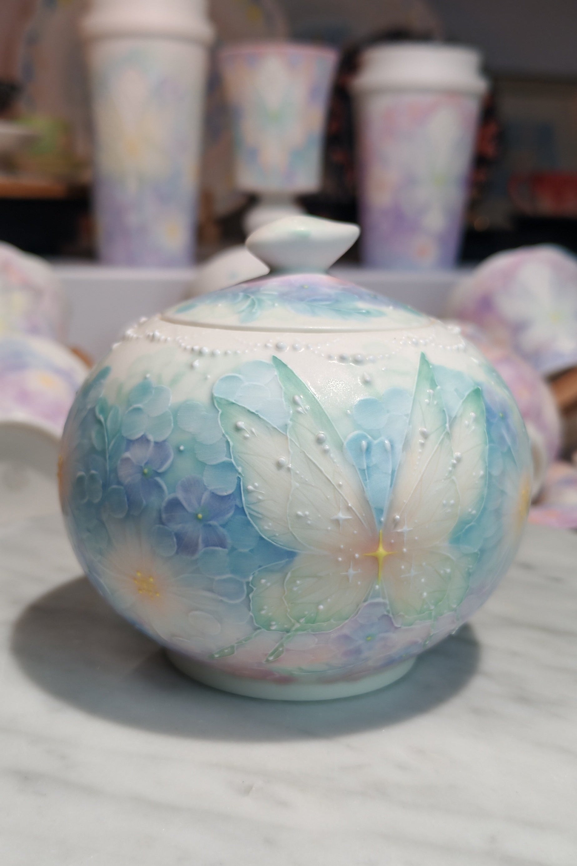 Dreamy Butterfly & Floral Series Hand-Painted Porcelain Teapot — Blue