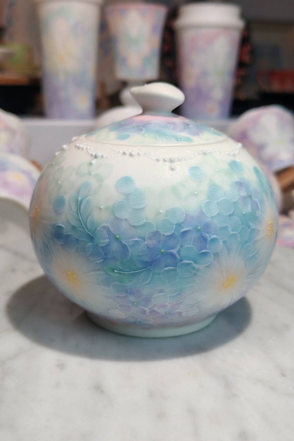 Dreamy Butterfly & Floral Series Hand-Painted Porcelain Teapot — Blue