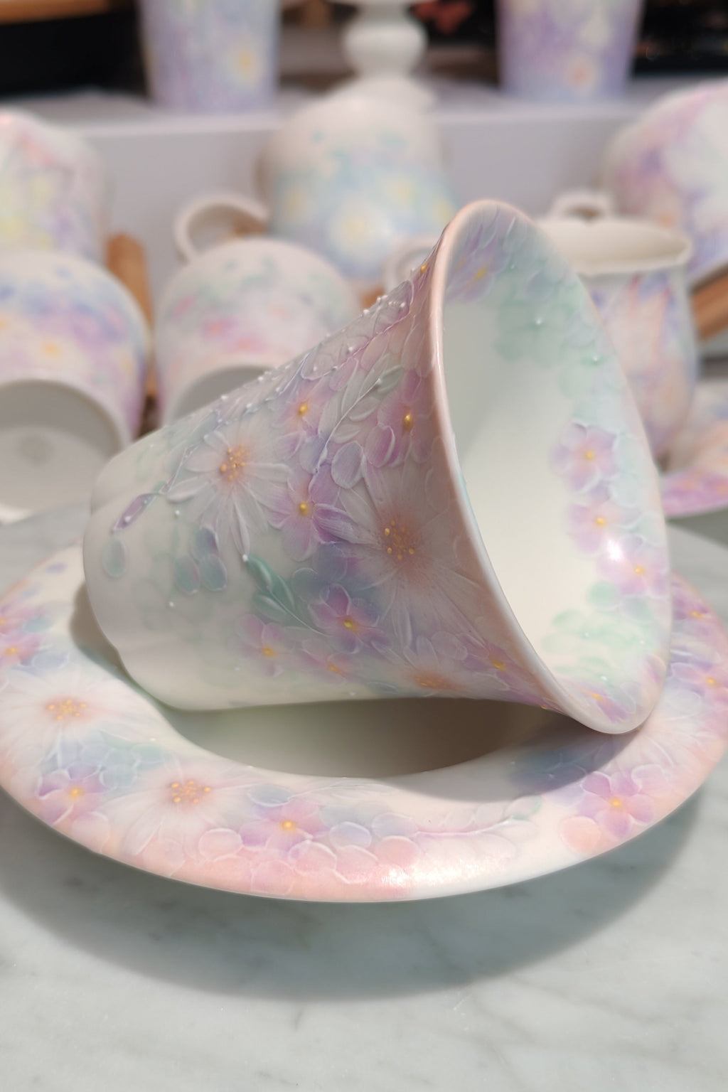 Dreamy Butterfly & Floral Hand-Painted Porcelain Teacup and Saucer Set
