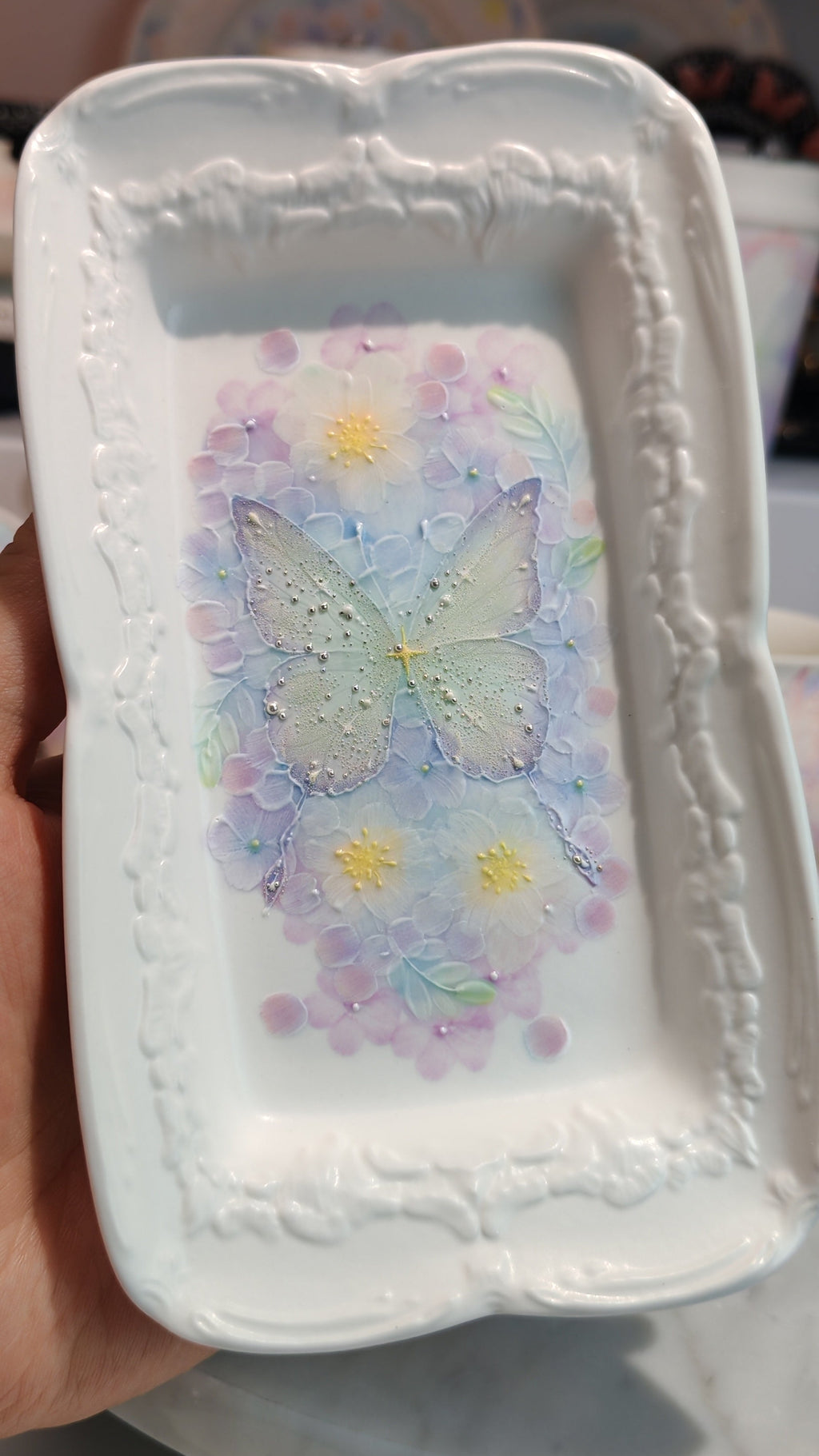 Dreamy Butterfly & Floral Series Hand-Painted Porcelain Rectangular Plate